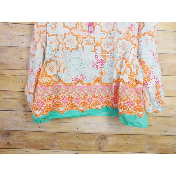Sigrid Olsen Shirt XL Long Sleeve White Orange Paisley Round Neck Babydoll Boho - Picture 3 of 8